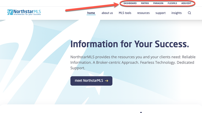 Picture of the NorthstarMLS homepage with an arrow pointing to the tools links in the upper right.